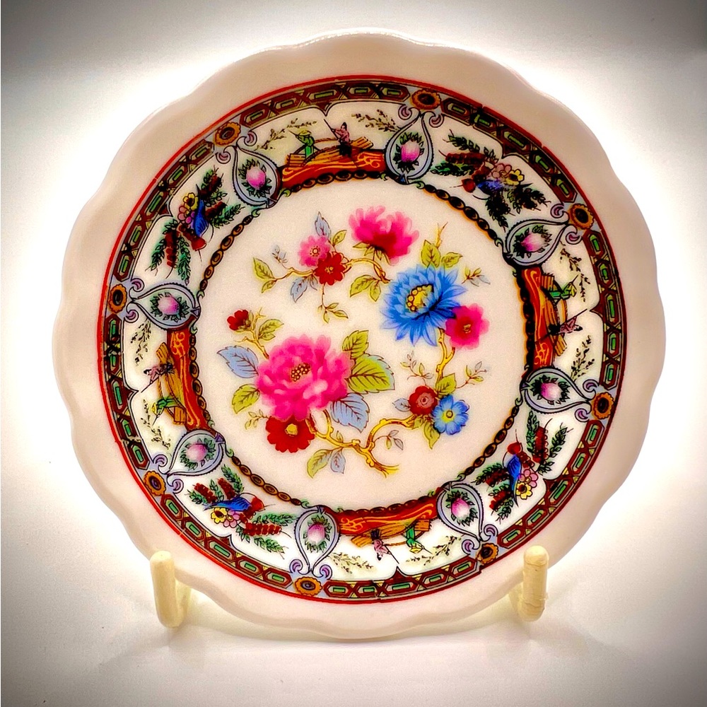 Adorable Small Plate Hand Painted with Multicolored Flowers. Vintage. Oriental.